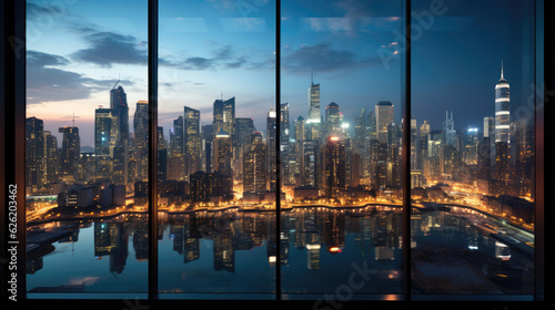 A breathtaking view of a coastal city skyline at dawn, the skyscrapers reflecting on the calm bay.