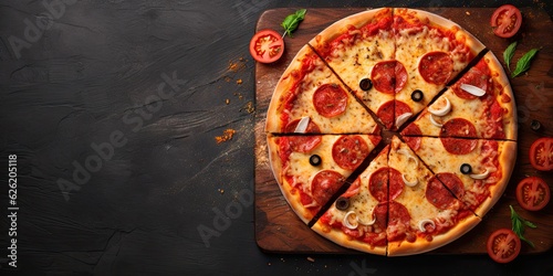 Delicious homemade pizza on black wooden table. Italian food with cheese and tomato top view background with copy space