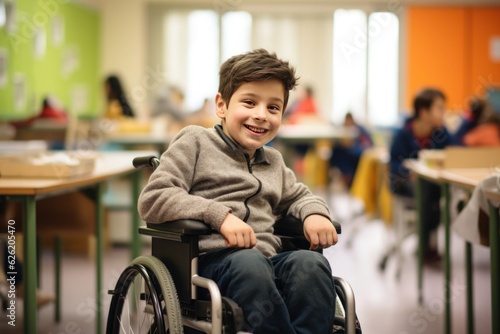 Boy in a wheelchair sits in school classroom, generative ai