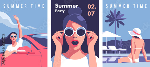 Summer time. Concept of vacation, party and travel. Beautiful girl in swimsuit relaxing by the pool. Portrait of beautiful woman with sunglasses. Woman with arm up having in convertible car. Vector.