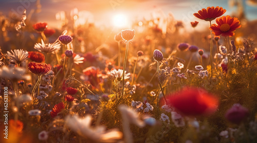 Flower field in sunlight, spring or summer garden background in closeup macro. Flowers meadow field by AI generative