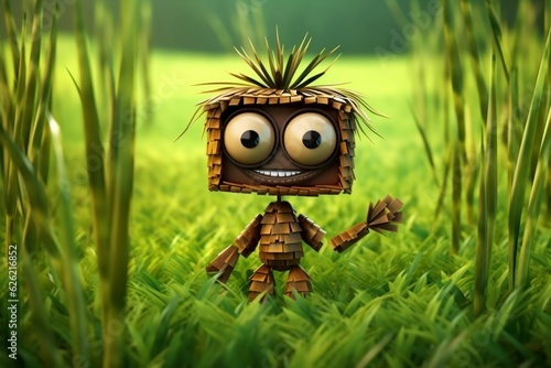 Little cute grass and bamboo character on greenery and bamboo background. Game character. Pokemon, little man, spirit, forest spirit, fairy, bream. Monster. AI generated