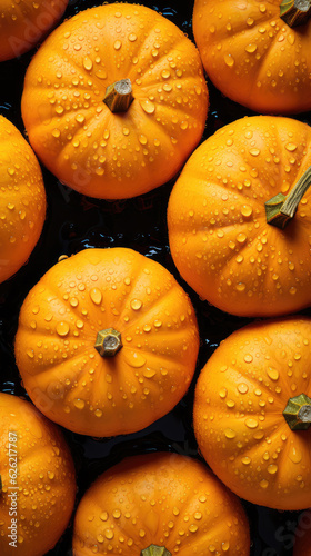 Fresh orange pumpkins with water drops on black background, top view. created with generative AI technology