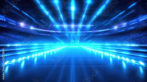 Abstract blue neon stadium background illuminated with lamps