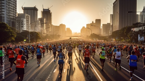 Crowd of people running a city marathon. Back view.. Generative AI