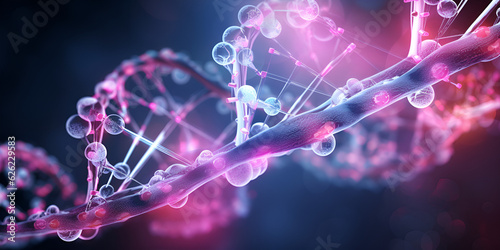 DNA genome decoding colorful design concept. Purple macro fantasy of a digital microscope. Laboratory research of molecular particles 3D illustration