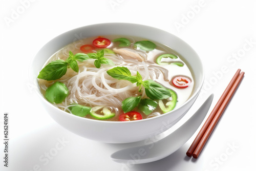 soup broth traditional background dish pho food asian noodle white bowl. Generative AI.