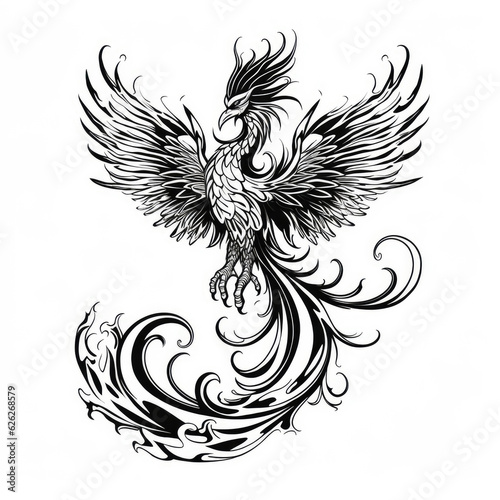 a drawing of a phoenix in black and white. Tattoo idea for a fantasy theme.
