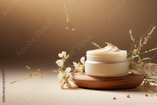 Cosmetic cream natural promotional commercial photo. Treatment spa beauty skincare healthcare ai generated. Brand commercial 