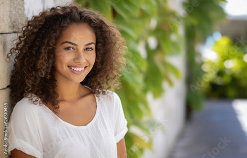 Young 20 year old woman standing against an outdoor wall with greenery in the background.