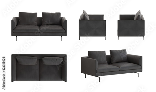 Set of five views of a modern three-seater sofa with a black leather cover, armrests and back of the same height, cushion, black legs. Front view, side views, top view, and perspective view. 3d render