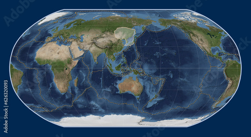 Amur tectonic plate. Satellite. Robinson. Boundaries