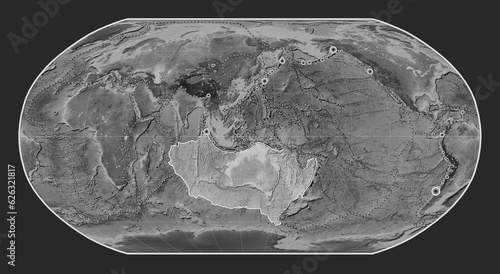 Australian tectonic plate. Grayscale. Robinson. Earthquakes and boundaries