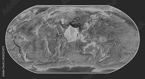 Indian tectonic plate. Grayscale. Robinson. Earthquakes and boundaries