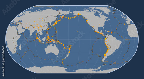 Kermadec tectonic plate. Contour. Robinson. Earthquakes and boundaries