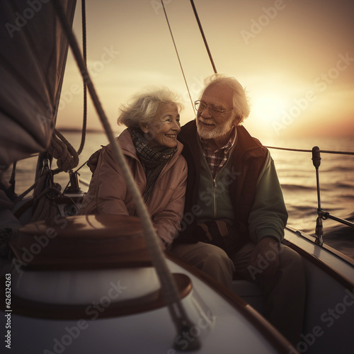 couple de retraité sur un bateau de plaisance au coucher de soleil - IA Generative