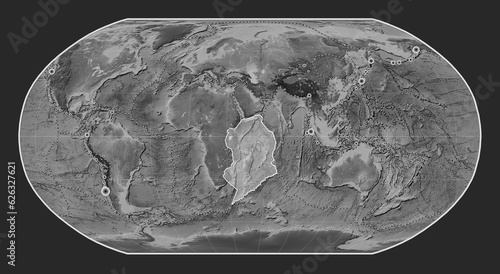 Somalian tectonic plate. Grayscale. Robinson. Earthquakes and boundaries