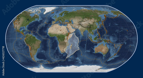 Somalian tectonic plate. Satellite. Robinson. Volcanoes and boundaries