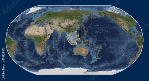 Sunda tectonic plate. Satellite. Robinson. Volcanoes and boundaries