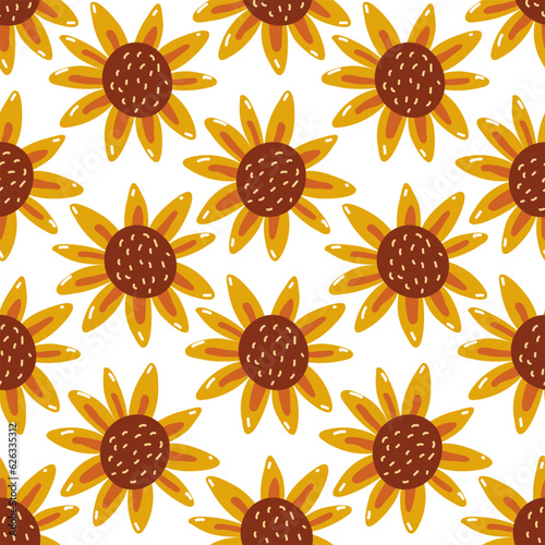 Seamless pattern with cartoon yellow sunflowers in retro style. Floral background. Vector printing on fabric and wallpaper. Cute autumn flowers on a white background.