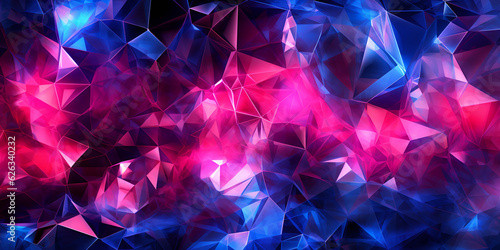 3d rendering, blue pink neon crystallized background, polygonal mesh, ultraviolet light, faceted metallic texture with reflections, crumpled shiny wallpaper stock photo