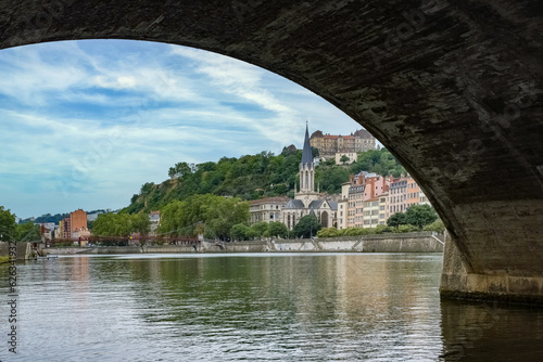 Vieux-Lyon, Saint-Georges church, colorful houses in the center, on the river Saone 