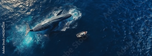 Banner, top view of a big blue whale and a small yacht nearby. Generative AI