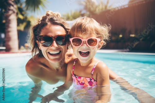 Mother and daughter enjoying a summer afternoon in a swimming pool, both wearing sunglasses and smiling