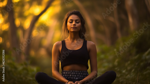 Beautiful young woman meditating in city park.Created with Generative AI technology.