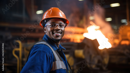 Factory worker wearing a safety helmet in the background of a production line.