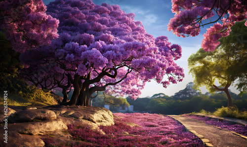 Natural spring landscape, bright purple blooming landscape.