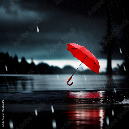 Czerwony parasol., deszczowa pogoda. Generative AI