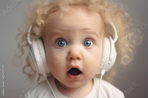 cheerful surprised baby 6 months old wearing headphones to listen to music, music with a positive effect on the concept of cognitive development of the child. generative AI