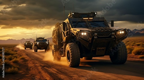 A convoy of heavy military armored fighting vehicles