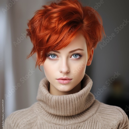 Fashion portrait of beautiful young red-haired woman with short hairstyle and professional make up. Beautiful fashion model with stylish short hairstyle.