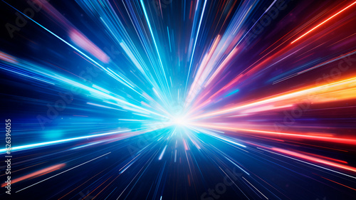 A background featuring light speed, hyperspace, and space warp. Colorful streaks of light converge towards the event horizon, creating a captivating visual display 