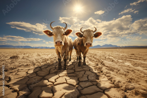 Cows in a dry field under hot sun, suffering from lack of water, earth completely cracked by drought and climate change. Conceptual illustration of global warming.