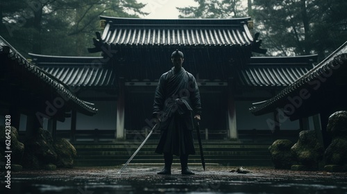a epic samurai with a weapon sword standing in front of a old japanese temple shrine. rainy day with grey sky and tones. asian culture. pc desktop wallpaper background 16:9 , Generative AI