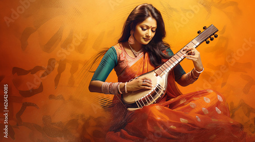 A Woman Playing a Sitar in a Traditional Indian Saree A Photo of Indian Classical Music AI Generated