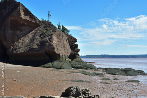 Hopewell Rock sea stack at low tide. Rock tower also called flowerpot.