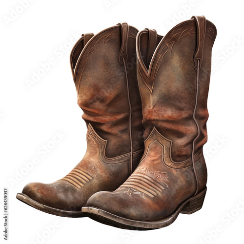 A pair of weathered cowboy boots. isolated object, transparent background