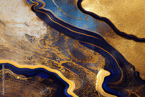 Blue and golden acrylic liquid ink swirl abstract background with ravishing turbulence wavy pattern and detailed texture. Luxury fluid liquid art by Generative AI.