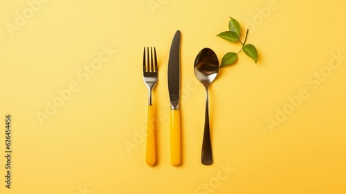 fork, spoon and knife, yellow cutlery flat lay