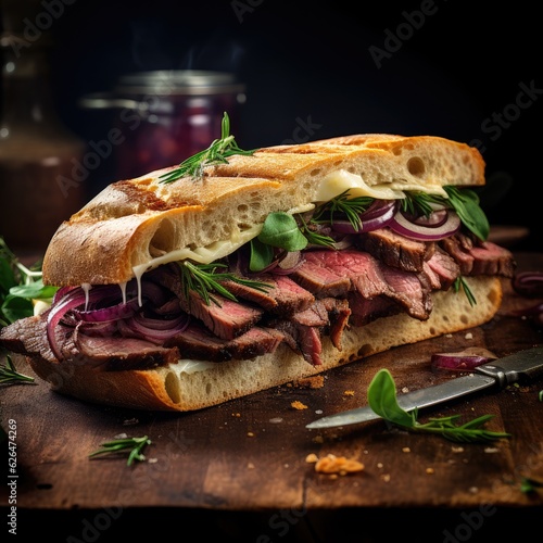 A delicious roast beef sandwich with ciabatta bread.