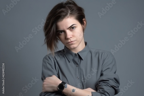 Tomboy woman on grey background