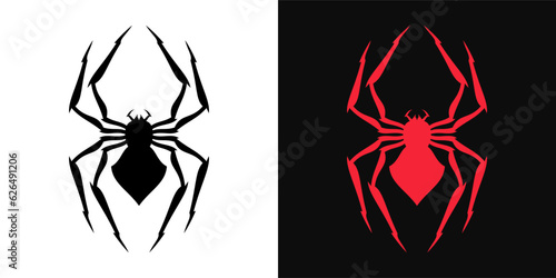 Gothic spider logo set in black and red colors. Dangerous spider mascot, vector illustration. Venom spider silhouette, black widow vector sign. Spider logotype, emblem for print and apparel design