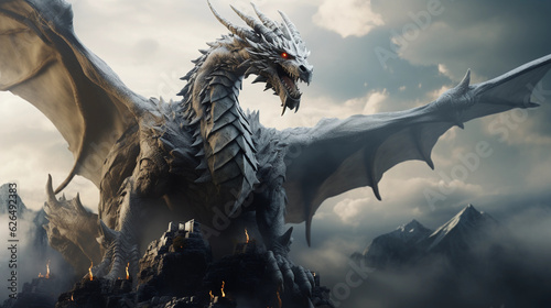 An intricate digital sculpture of a dragon, covered in shimmering scales, perched atop a mountain peak, with wisps of cloud around. Medieval fantasy, high contrast, dynamic lighting