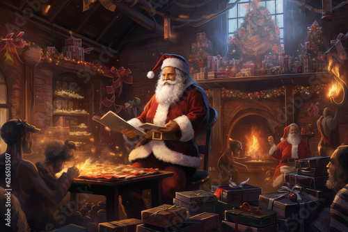 digital painting of merry christmas party, Santa Clauses in a house illustration painting (ai generated)