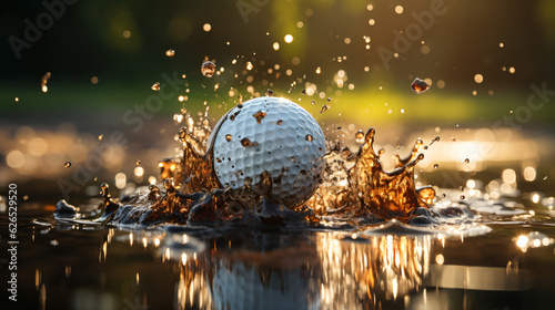 impact golf ball after a hit with the golf club causes waster and dirt spikes in a puddle which symbolizes speed,