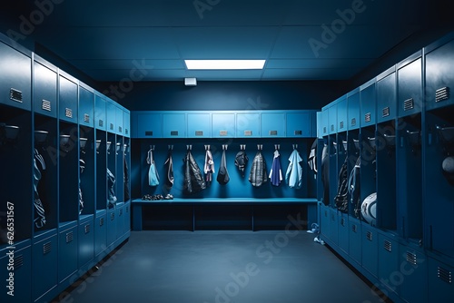 Sports equipment in blue empty locker room low angle photo. Generative AI.